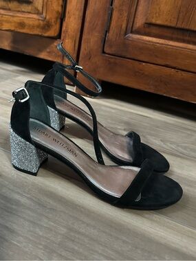 Stuart Weitzman Black Suede Ankle-Strap Sandals with Silver Glitter Block Heel